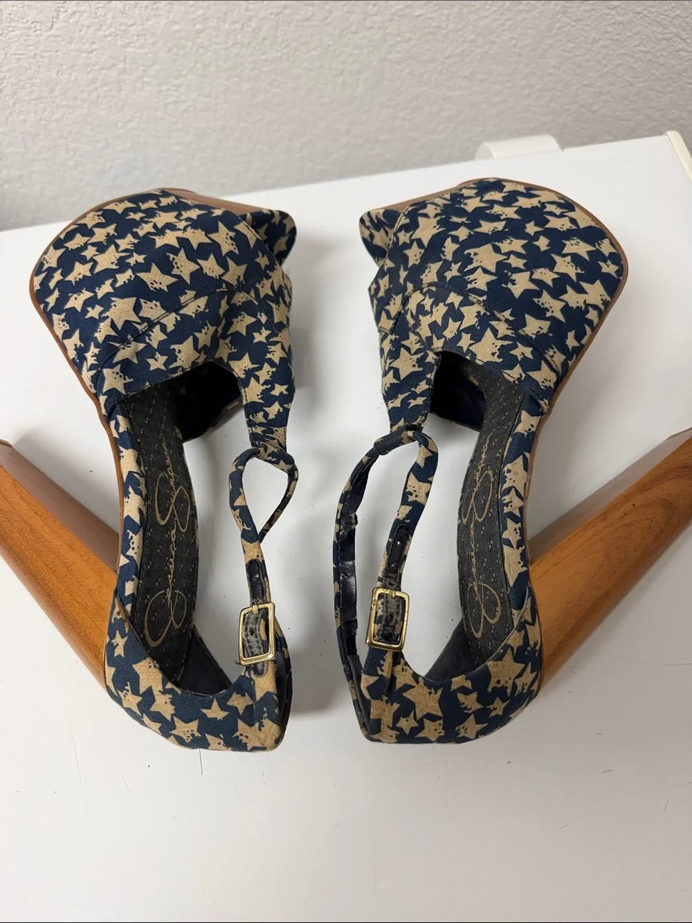 Jessica Simpson Navy and Cream Star-Print Platform Peep-Toe Heels